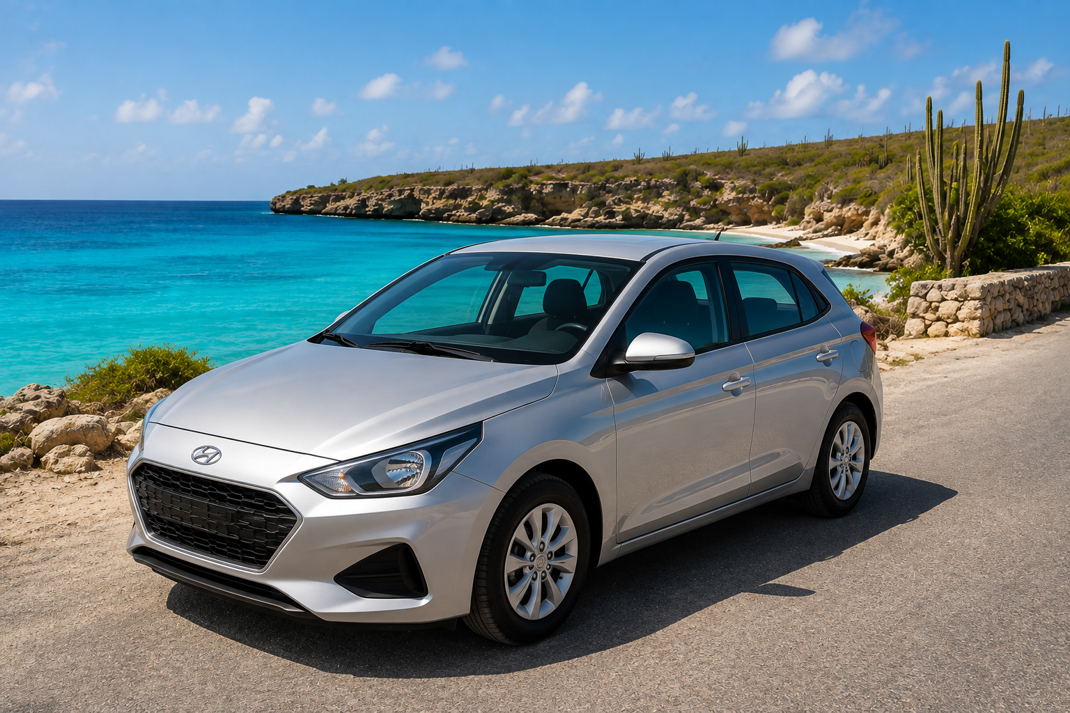 Silver hatchback rental car by the turquoise west coast of Curaçao