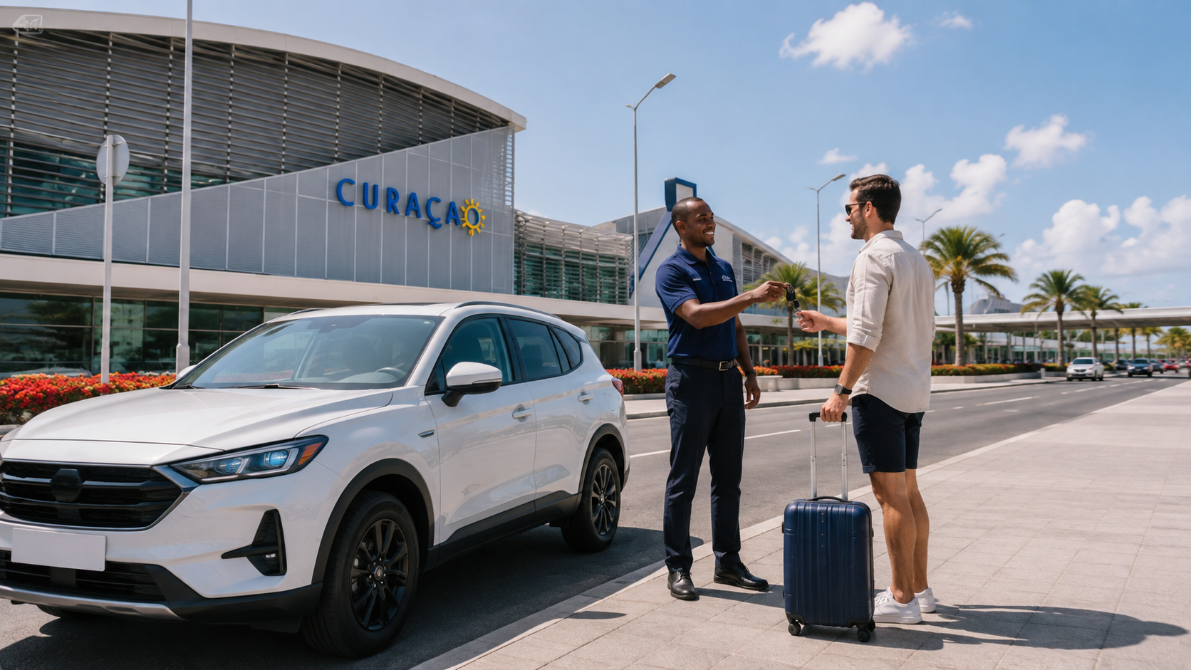 Traveler receiving rental car keys during airport pickup in Curaçao