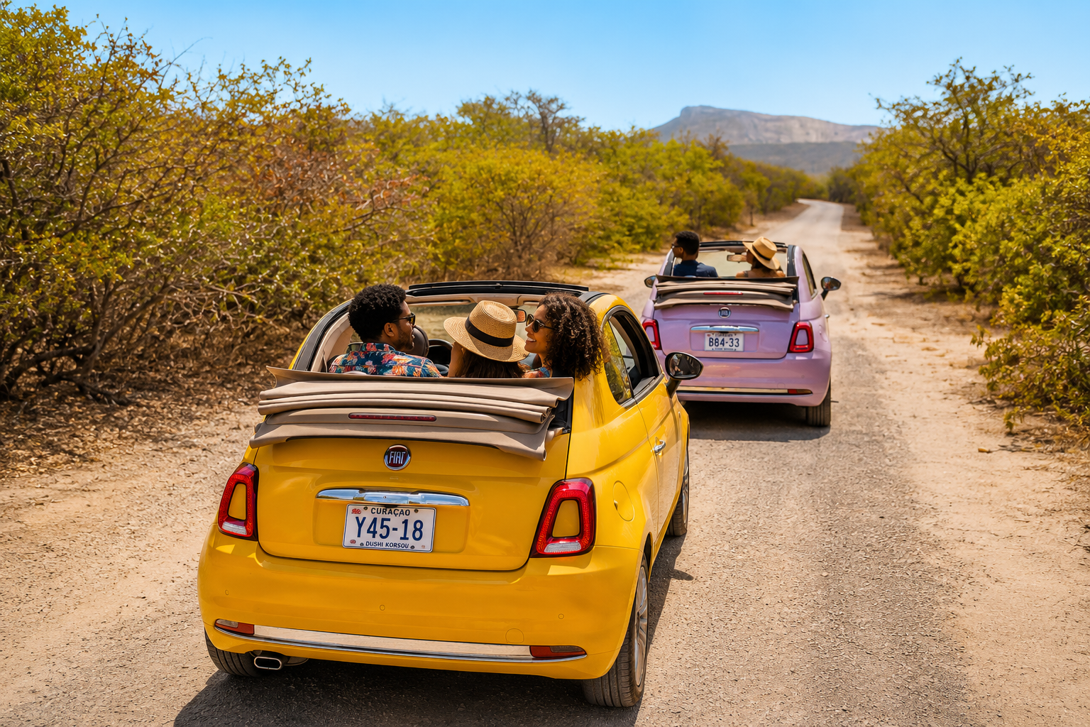 Convertible rental car, top down, exploring Curaçao